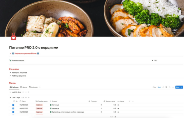 [Notion] Питание PRO 2.0 с порциями и блюдами из продуктов в наличии. Автоматический список продуктов. Шаблон [NotionFan]