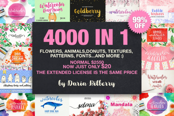 [thehungryjpeg] 4000 in 1 Flowers, Animals, Donuts, Textures, Patterns, Fonts. And More. Набор из более 4000 элементов